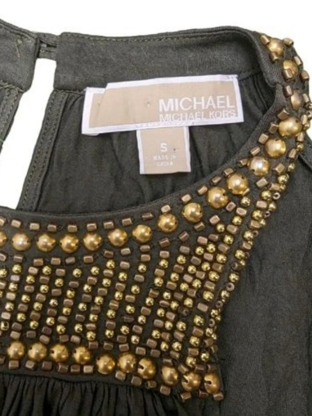 Michael Kors Bronze Studded Collar Green Flow Halter Blouse Top Women's Shirt S